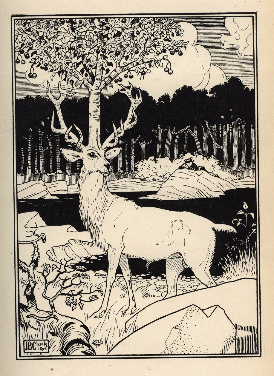 Et kirsebærtræ på hovedet af en hjort rørt af stenene fra kirsebærspyd af Baron de Munchausen Illustration af William Strang (1859-1921) og JB Clark hentet fra "The Adventures of the Baron of Munchausen (Munchhausen) af Rudolf Erich Raspe (1736- af Unbekannt