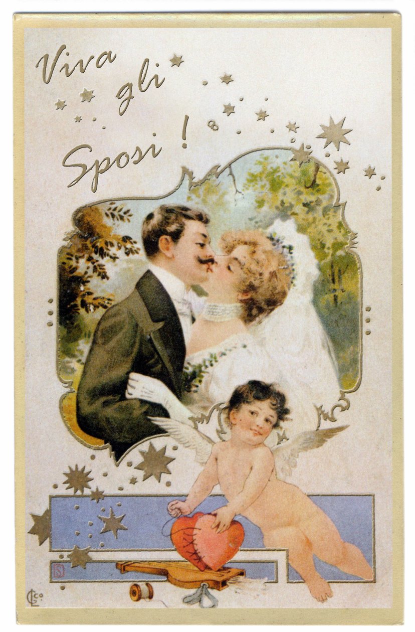 Et par nygifte kysser hinanden. "Længe leve ægteparret" Postkort fra omkring 1901. af Unbekannter Künstler