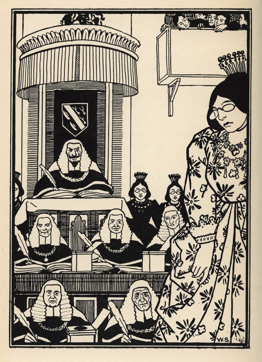 Et hof, der stort set er feminint, forekommer baronen som en ironi, der er værd at nævne blandt hans eventyr. Illustration af William Strang (1859-1921) og JB Clark fra "The Adventures of the Baron of Munchausen (Munchhausen) af Rudolf Erich Raspe (1736-17 af Unbekannt