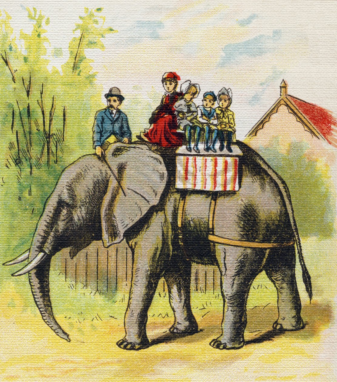 En familie, der sidder på en elefant. Indgravering i "ABC L