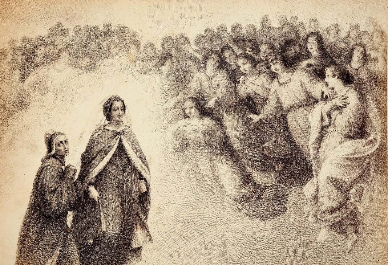 En flok skygger nærmer sig Dante og Beatrice. Illustration af Canto V af Paradiso i Den Guddommelige Komedie af Dante Alighieri. Et værk af Franceso Scaramuzza dedikeret til Firenzes kommune. af Unbekannter Künstler