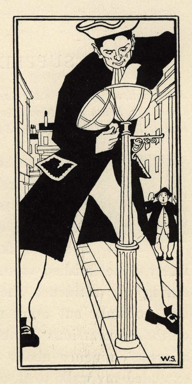 En kæmpe, bragt af Baron de Munchausen fra Cheese Island i England, tænder gadelysene uden stige. Illustration af William Strang (1859-1921) og JB Clark fra “The Adventures of the Baron of Munchausen (Munchhausen) af Rudolf Erich Ra af Unbekannt