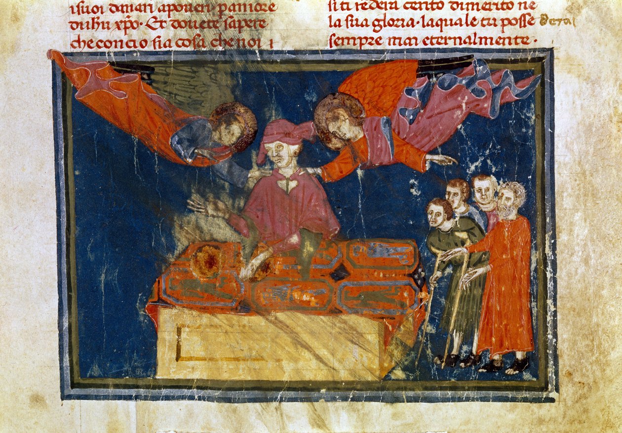 En gruppe syge mennesker og en herre, der gør et barmhjertigt arbejde ved at hjælpe dem. Miniature taget fra 