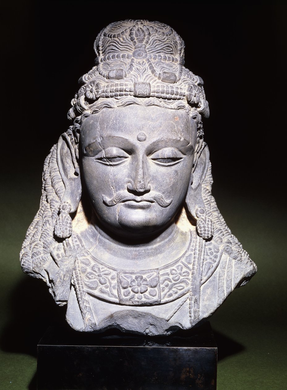 Et stort hoved af en Bodhisattva med et nedslået udtryk, 2.-3. århundrede af Unbekannt