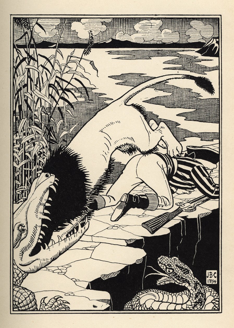 En løve, der ville angribe baronen de Munchausen, endte med en krokodille. Illustration af William Strang (1859-1921) og JB Clark fra "The Adventures of the Baron of Munchausen (Munchhausen) af Rudolf Erich Raspe (1736-1794) (1789) af Unbekannt