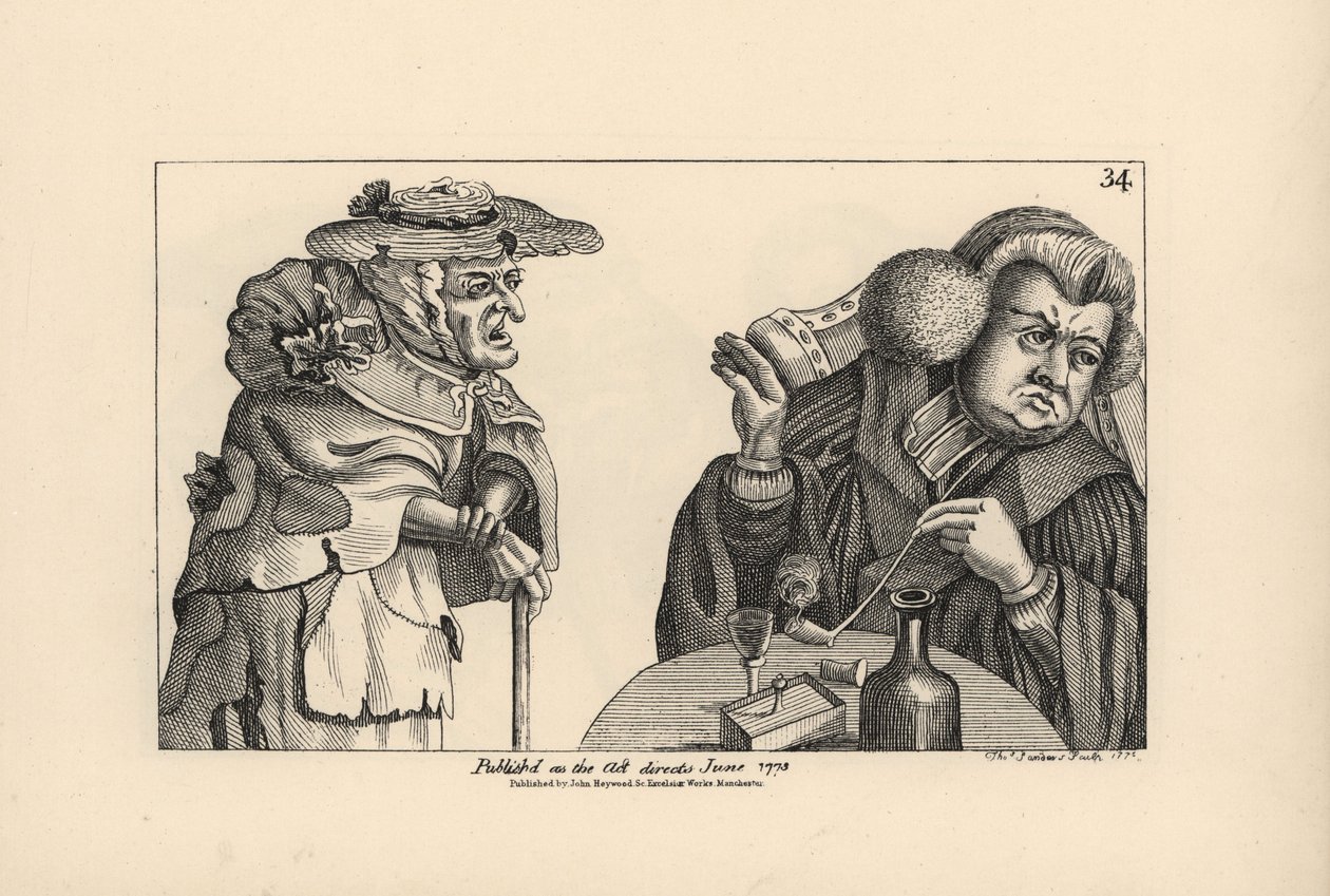 En fyldig, rig præst med tobakspibe og spiritus ignorerer en fattig, gammel kvindes bønner. Kobberstik af Thomas Sanders efter en satirisk illustration af Timothy Bobbin (John Collier) (1708-1786) fra Human Passions Delineated, John Haywood, Ma af Unbekannter Künstler