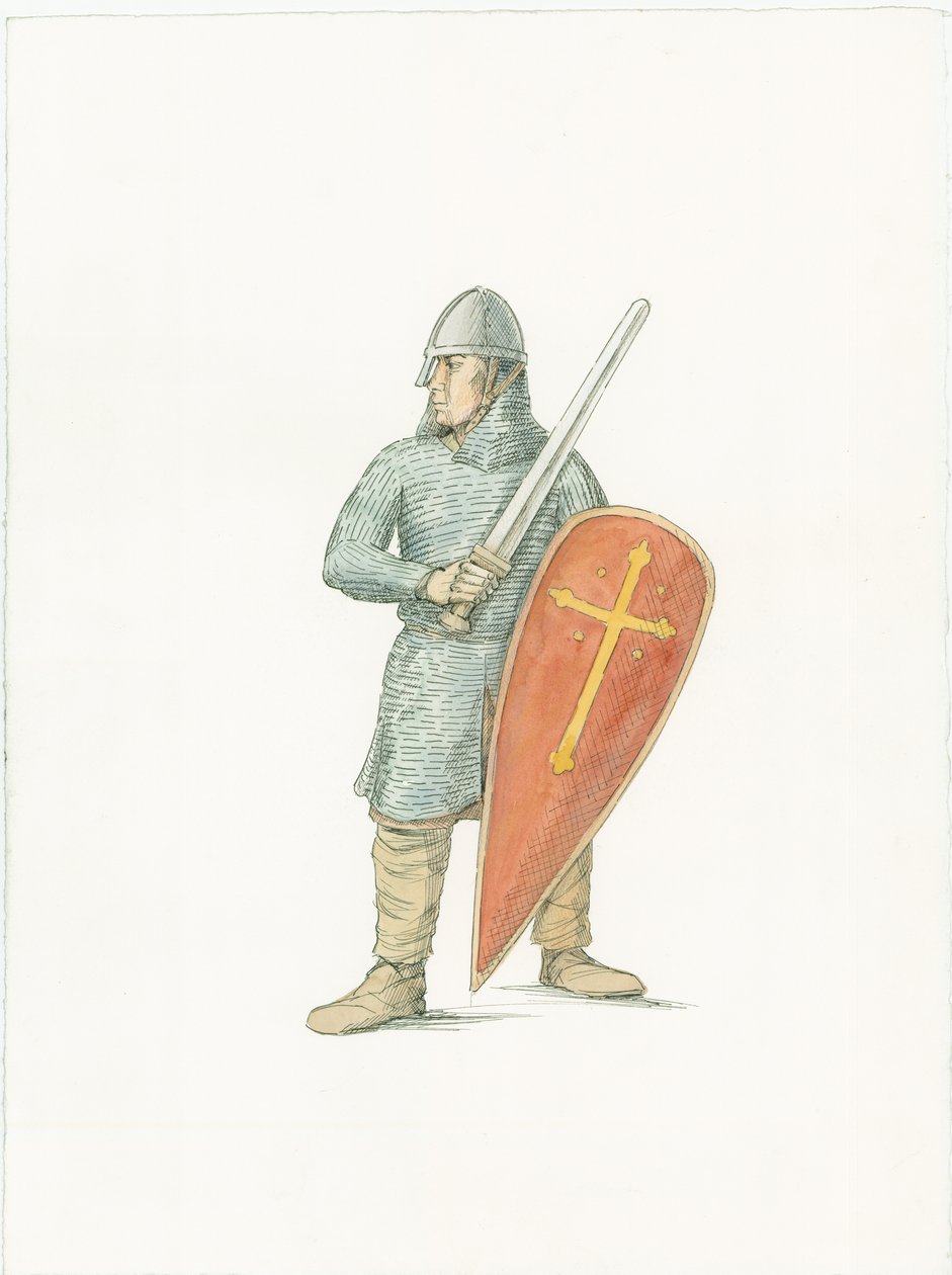 En rekonstruktionsillustration, der viser en normannisk ridder omkring 1066 af Unbekannter Künstler