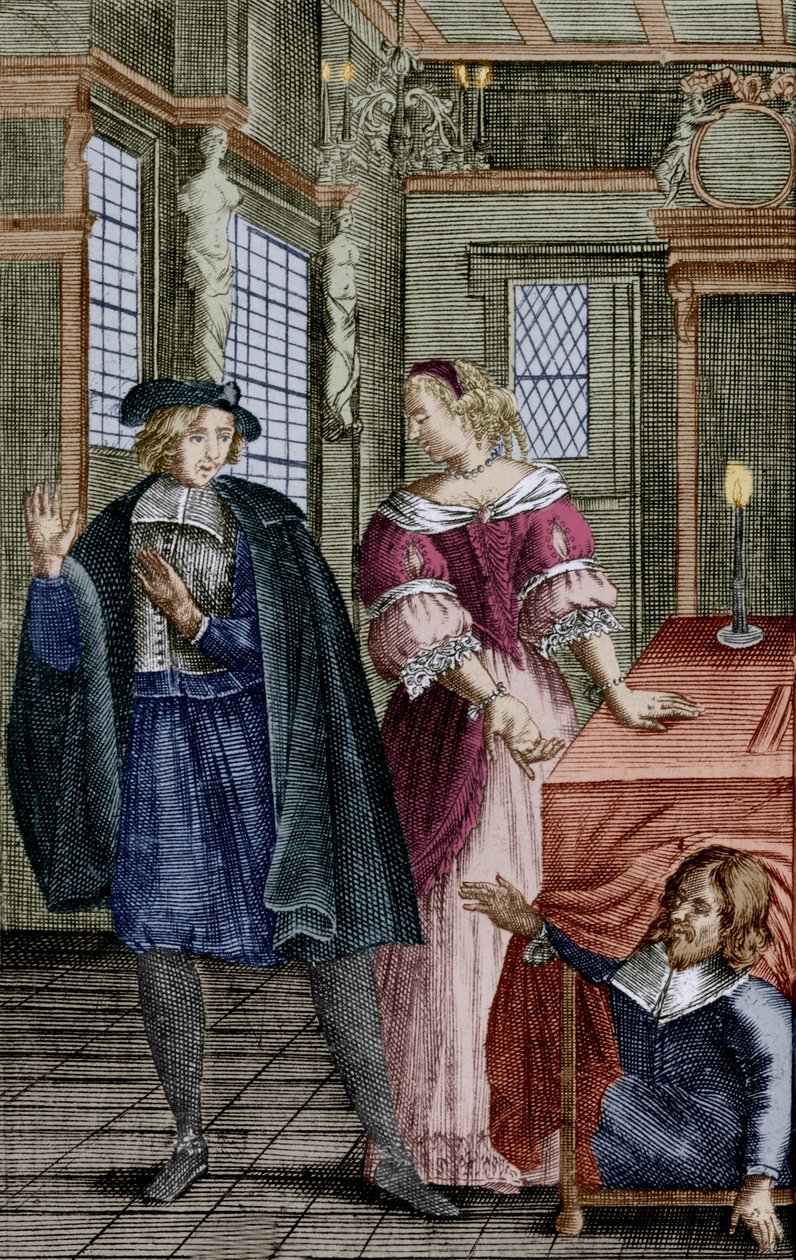 En scene i stykket "Tartuffe" af Moliere (1664) med Orgon (under bordet), Elmire, hans kone, og Tartuffe, kobberstik af Unbekannter Künstler