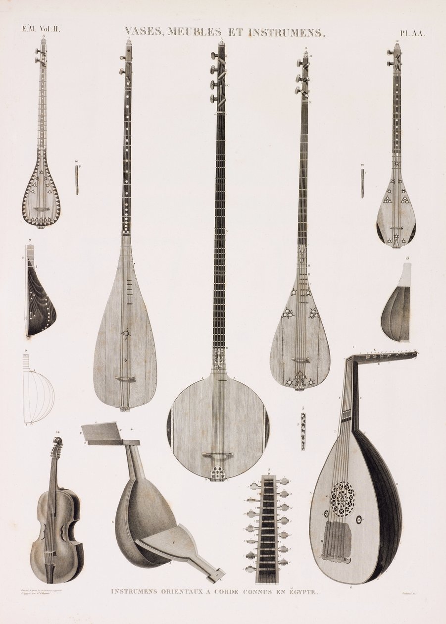 En række illustrationer af musikinstrumenter af Unbekannt