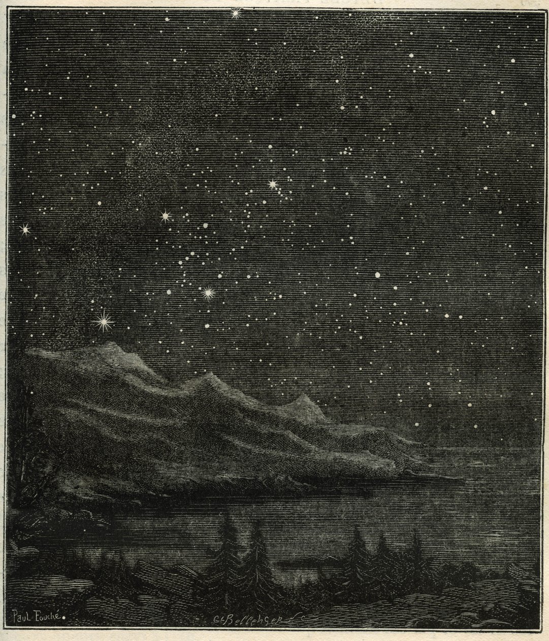 En stjerneklar nat perfekt til at observere himlen. Indgravering fra Camille Flammarions "The Stars and Other Curiosities of the Sky" af Unbekannter Künstler