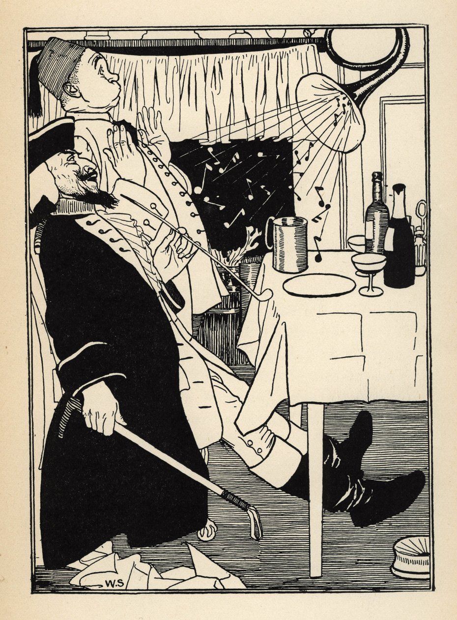 En trompet, der var frosset, frembringer lyde på egen hånd, når den varmes op, har morskab og forbløffelse af al Illustration af William Strang (1859-1921) og JB Clark fra "The Adventures of the Baron of Munchausen (Munchhausen) af Rudolf Erich Raspe (1736 af Unbekannt