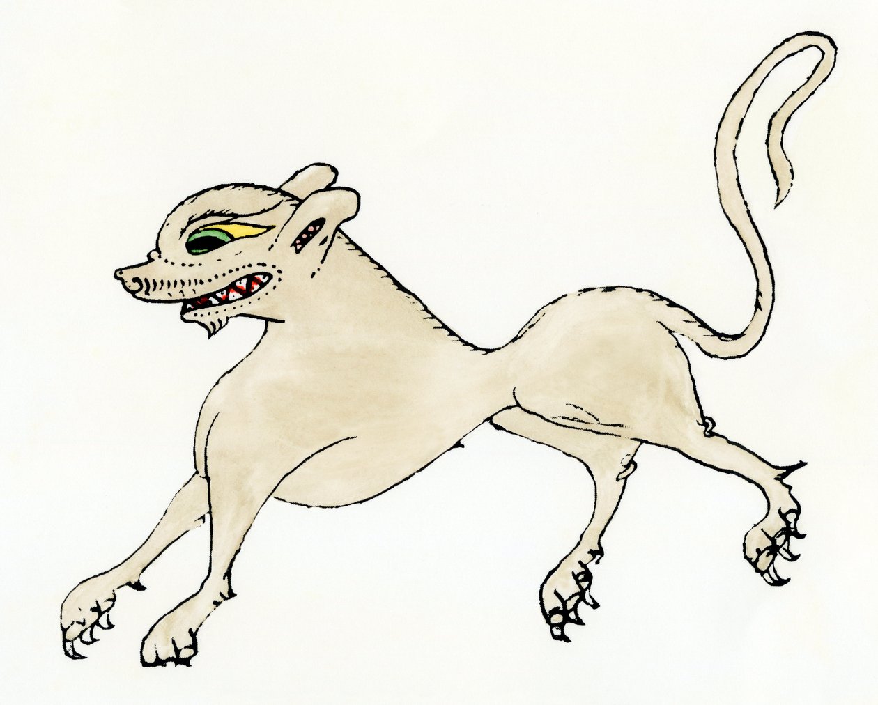 En varulv, i middelalderen - Koloreret stik efter et bestiarium fra det 13. århundrede, Historia Scolastica af Pierre the Eater (eller Petrus Comestor eller Manducator, ca. 1110-1179) - Middelalderlig afbildning af en varulv - Håndkoloreret træsnit fra Com af Unbekannter Künstler