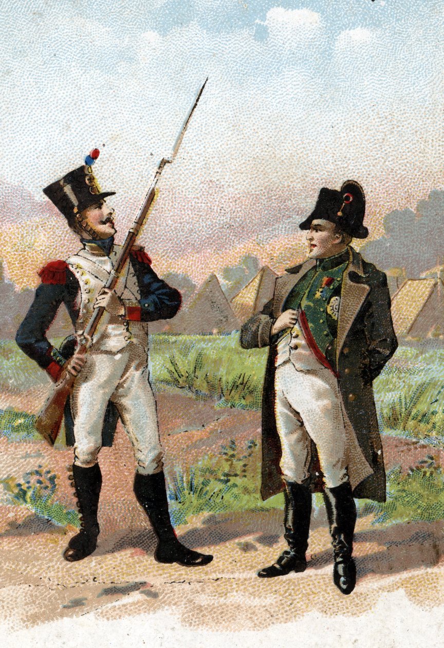 En ung soldat standser Napoleon I på hans vej i 1805. 19. århundrede (kromolitografi) af Unbekannter Künstler