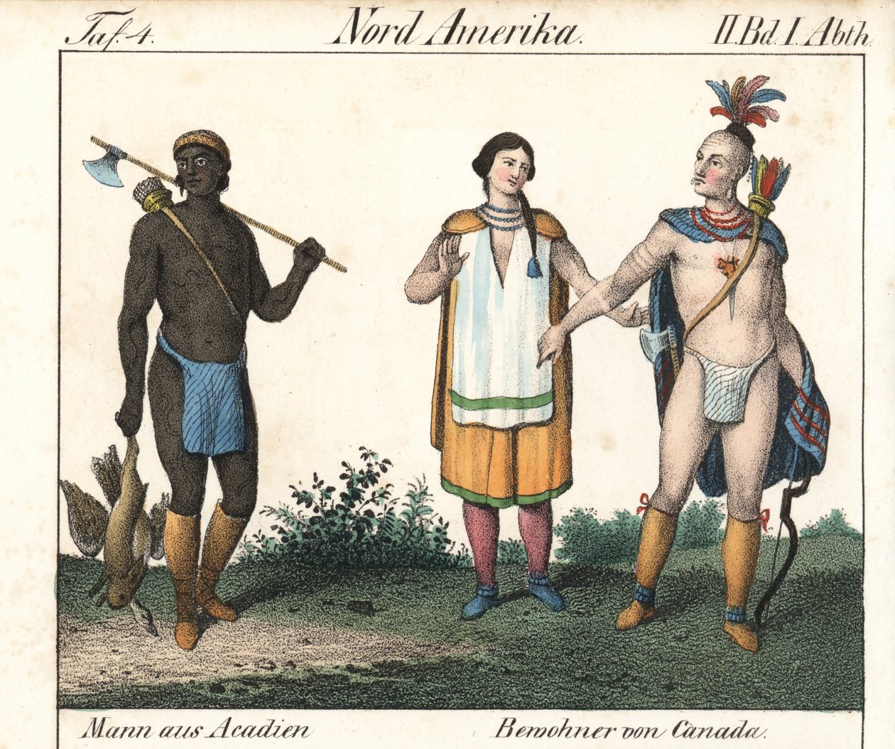 Acadisk mand med tatoveret krop og et par indfødte canadiske indianere. Litografi til bogen: "Galerie complete en tableaux fideles des peuples d