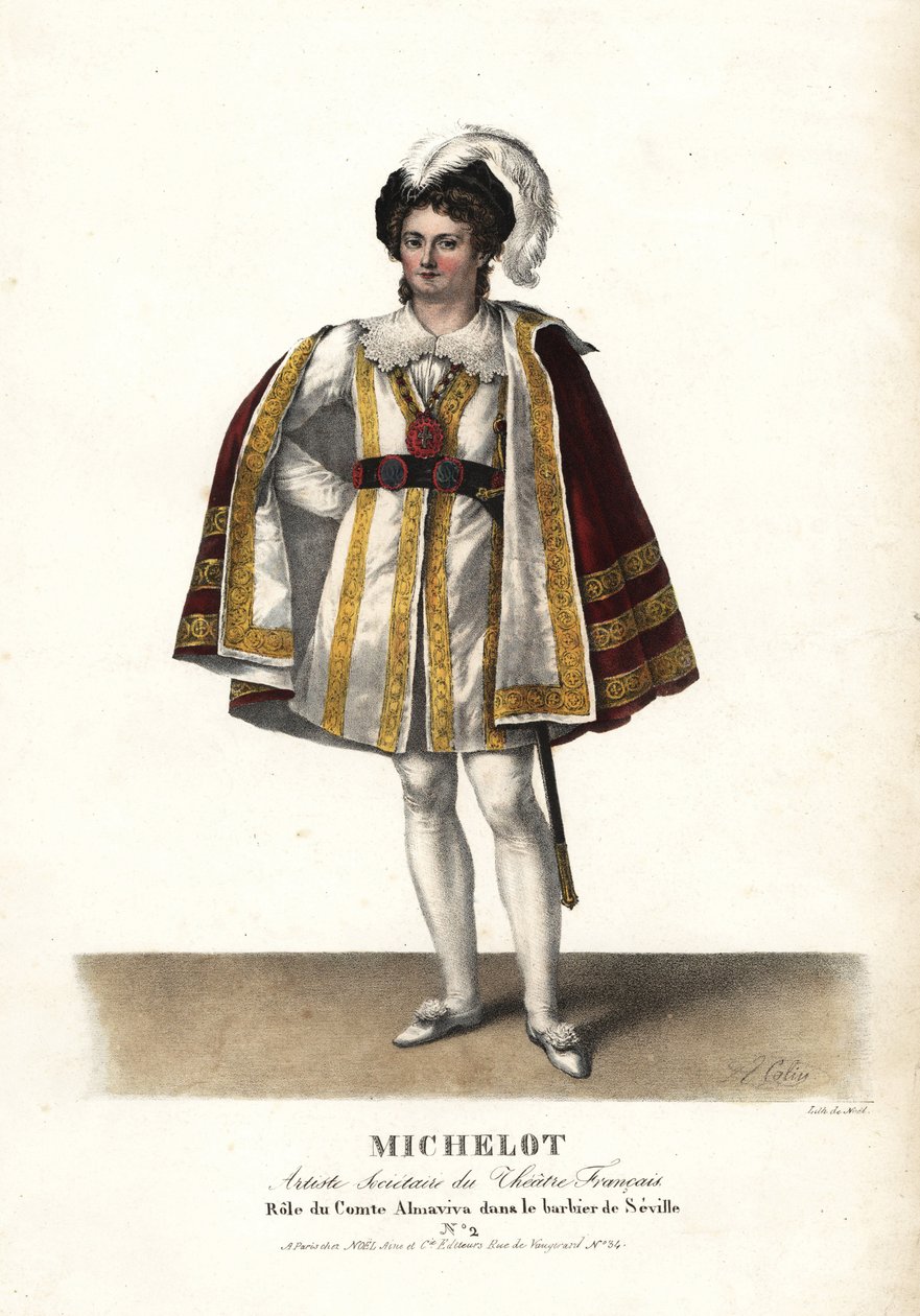 Skuespiller Pierre Marie Nicolas Michelot som Comte Almaviva i Le Barbier de Seville af Pierre Beaumarchais, Theatre Français. Håndkoloreret litografi af F. Noel efter en illustration af Alexandre-Marie Colin fra Portraits d