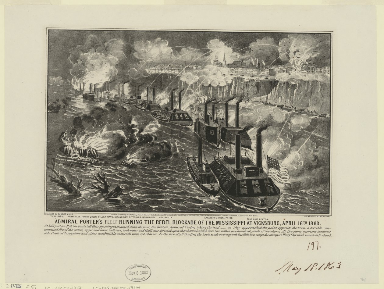 Admiral David Dixon Porters flåde kører oprørsblokaden på Mississippi ved Vicksburg den 16. april af Unbekannt