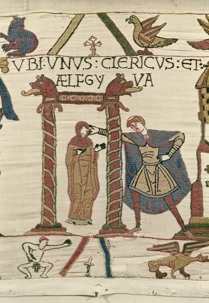 Aelfgyva med en præst, Bayeux Tapestry (uldbroderi på hør) af Unbekannt