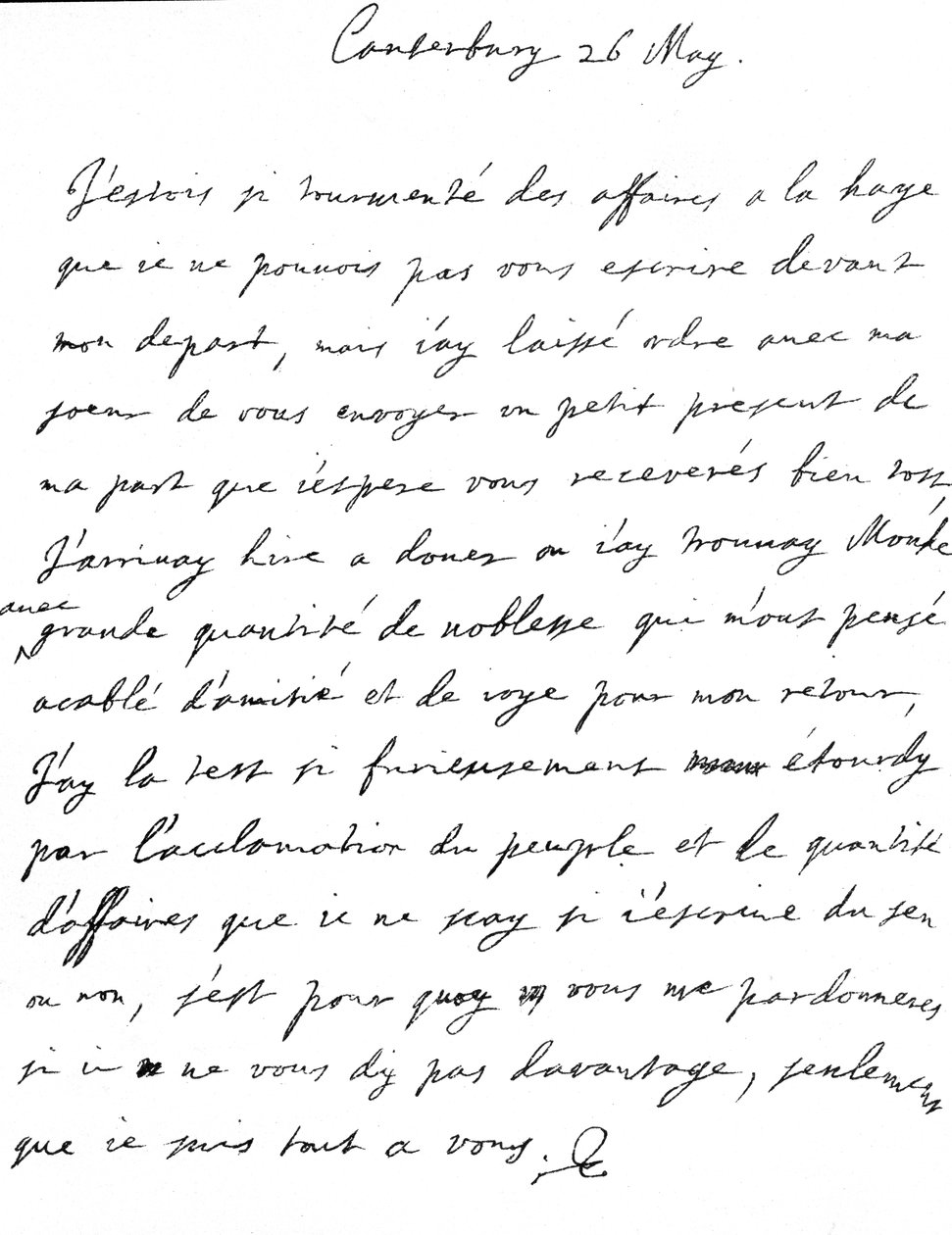Kærligt brev fra Charles II til sin søster, Henrietta Anne, skrevet på fransk i Canterbury, dagen efter hans ankomst til Dover, den 26. maj af Unbekannt