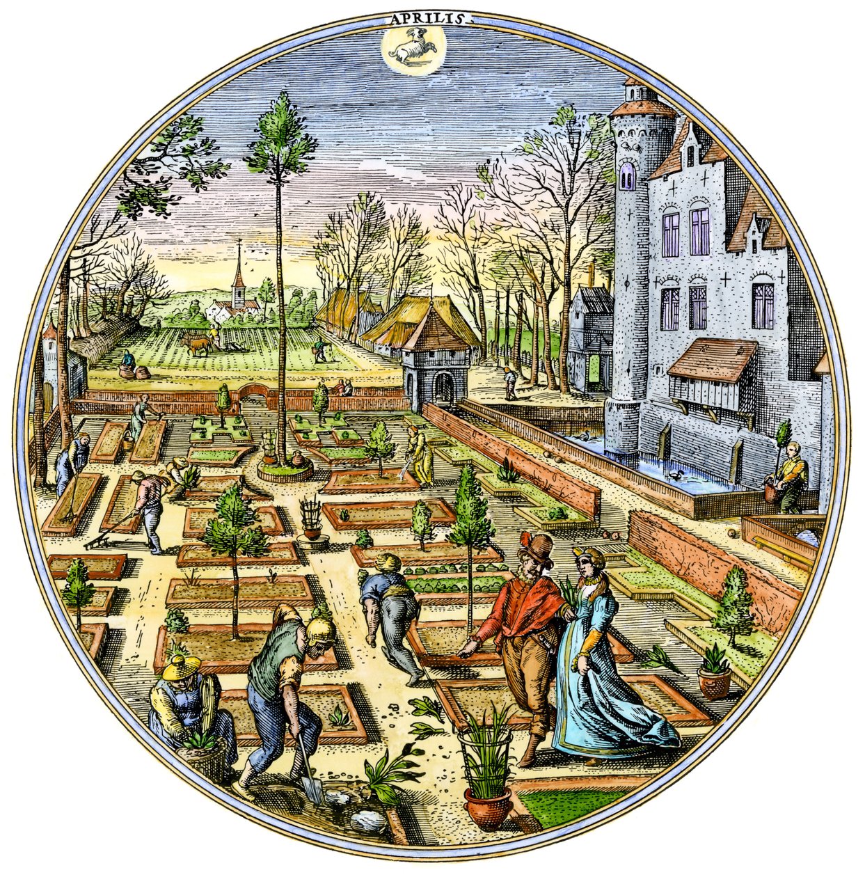 Landbrug: Havearbejde i en europæisk køkkenhave i begyndelsen af foråret omkring 1590 Farvestik fra det 16. århundrede af Unbekannter Künstler