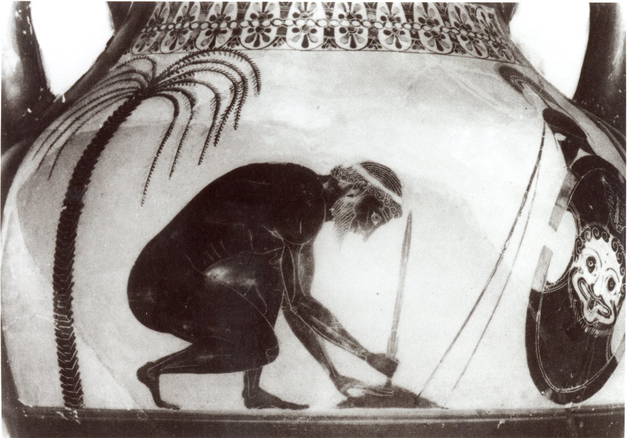 Ajax forbereder sig på sin død, illustration efter en græsk kratervase fra det 6. århundrede f.Kr. (gravering) (s/h foto) af Unbekannt