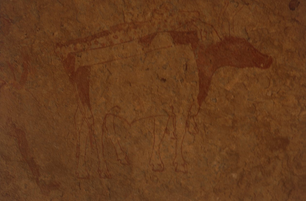 Algeriet, Sahara-ørkenen, Tassili-n-Ajjer Nationalpark, stedet for Sefar, klippemaleri af tyr. af William M. Timlin
