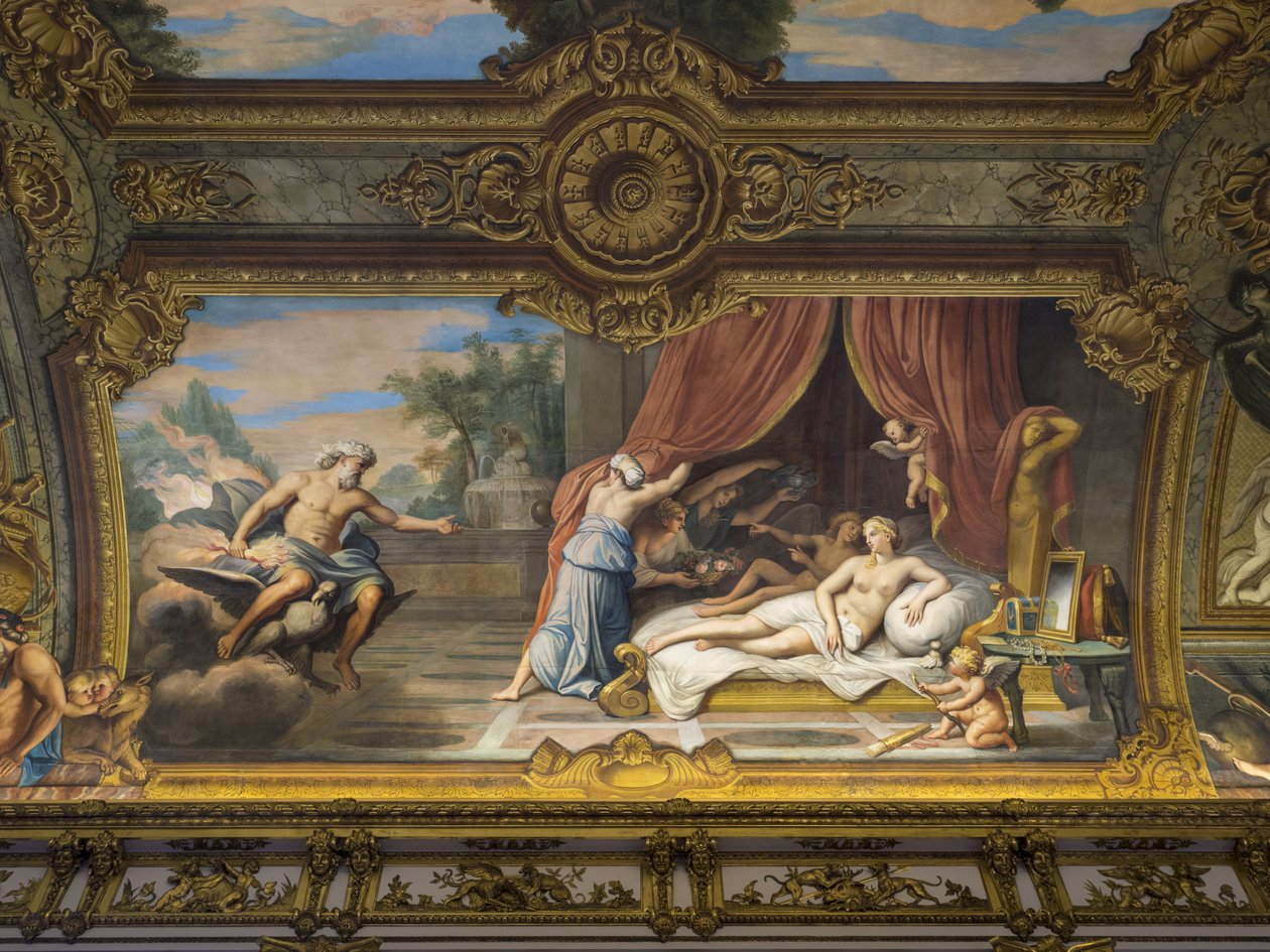 Allegorie du Feu repræsenterende Jupiter og Semele, Ludvig XIII (1601-1643) på besøg hos Anne af Østrig (1601-1666) (undfangelse af Ludvig XIV). Maleri af hvælvingen i Galerie doree, af Francois Perrier (1594-1649) af Unbekannt