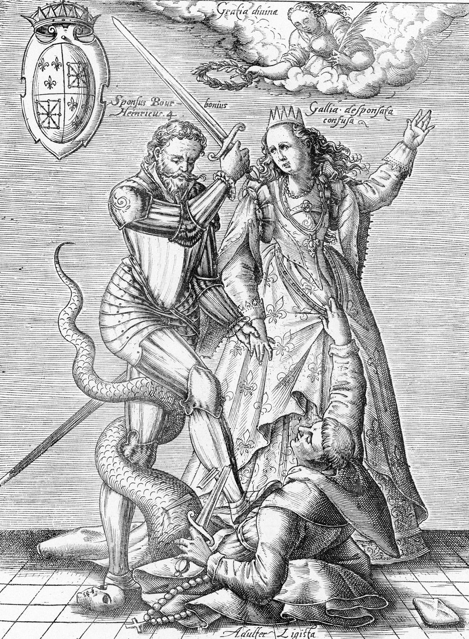 Allegori over den katolske ligas død repræsenteret som en munk med slangekrop dræbt af Frankrigs konge Henrik IV og Frankrig. Slutningen af det 19. århundrede (gravering fra "Museum-Criminal" af Henri Varennes og Edgar Troimaux) af Unbekannter Künstler