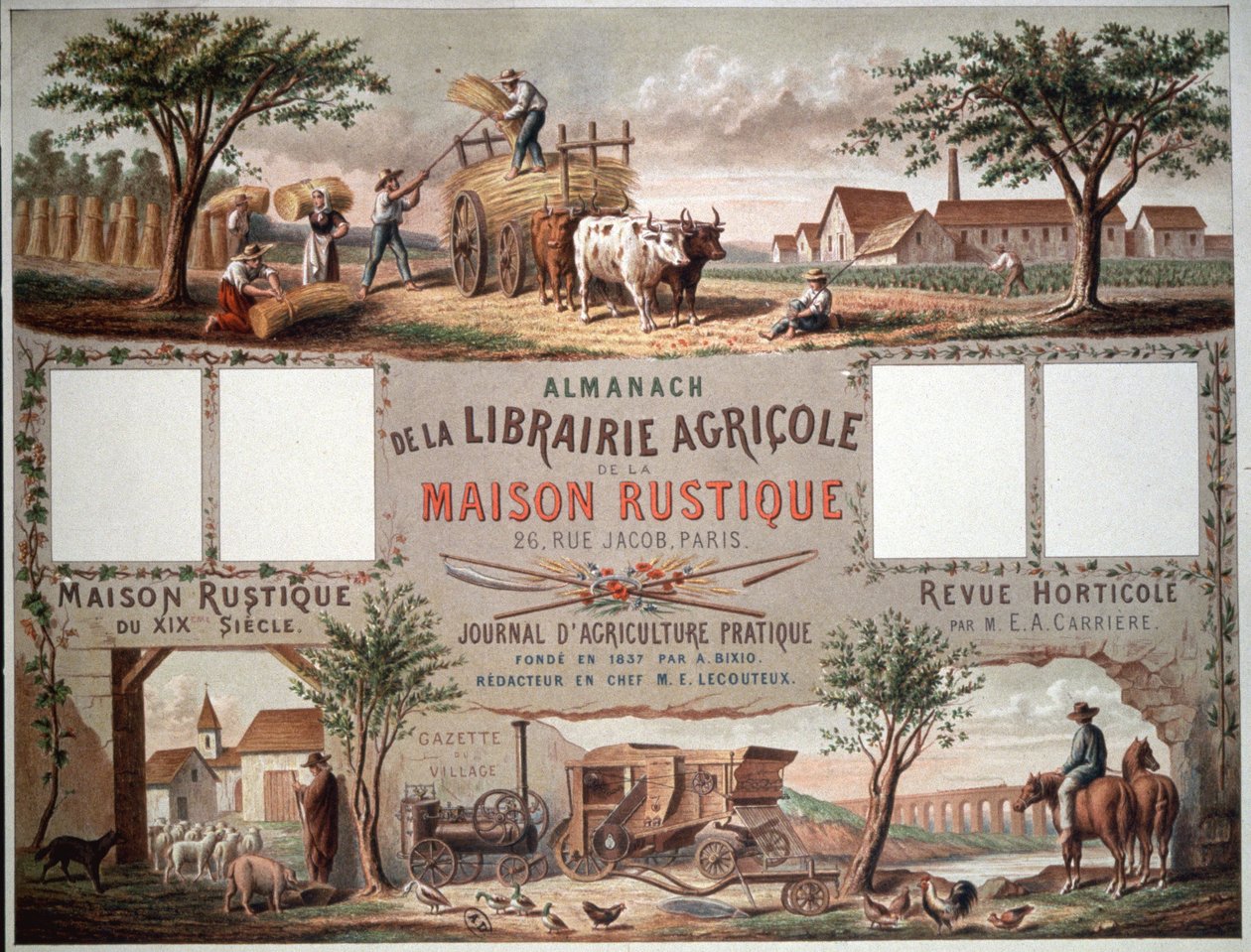 Almanak, der illustrerer traditionelle og moderne landbrugsmetoder. ca. 1870-80 (farvelitografi) af Unbekannter Künstler