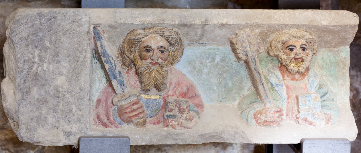 Altertavle. polykrom sten. Anden halvdel af 1300-tallet. Oprindelse tidligere sognekirke Torre de Rialb. Detalje. Nedre register. Venstre panel. Evangelisterne Paul Peter. af Unbekannt