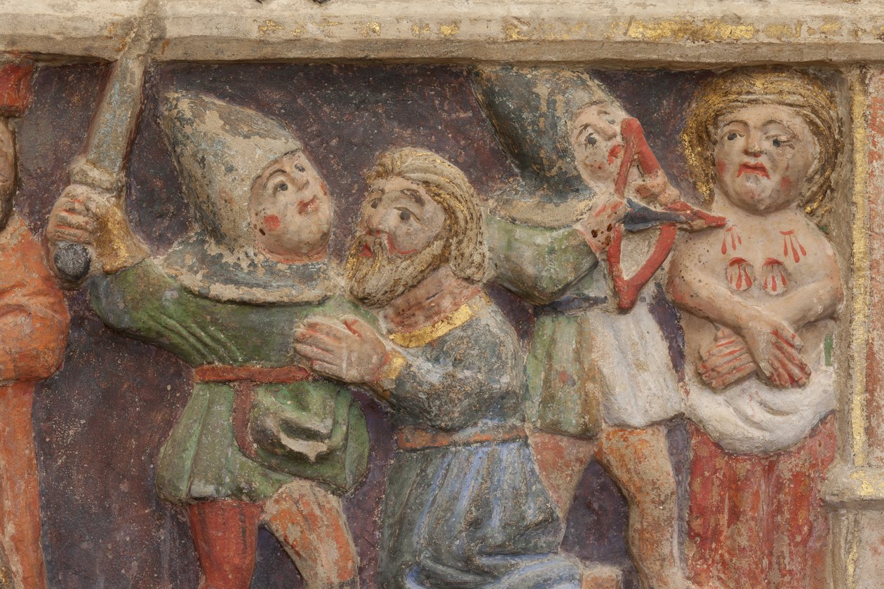 Altertavle. polykrom sten. Anden halvdel af 1300-tallet. Oprindelse tidligere sognekirke Torre de Rialb. Detalje. Midtregister. Venstre panel. Nederste del: en embedsmand ser på scenen ved halshugningen af Saint Iscle og amputationen af brysterne i Sa af Unbekannt