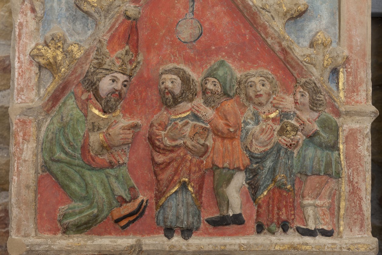 Altertavle. polykrom sten. Anden halvdel af 1300-tallet. Oprindelse tidligere sognekirke Torre de Rialb. Detalje. Midtregister. Venstre panel. Øvre del: Saints Iscle og Victoria med embedsmændene. af Unbekannt