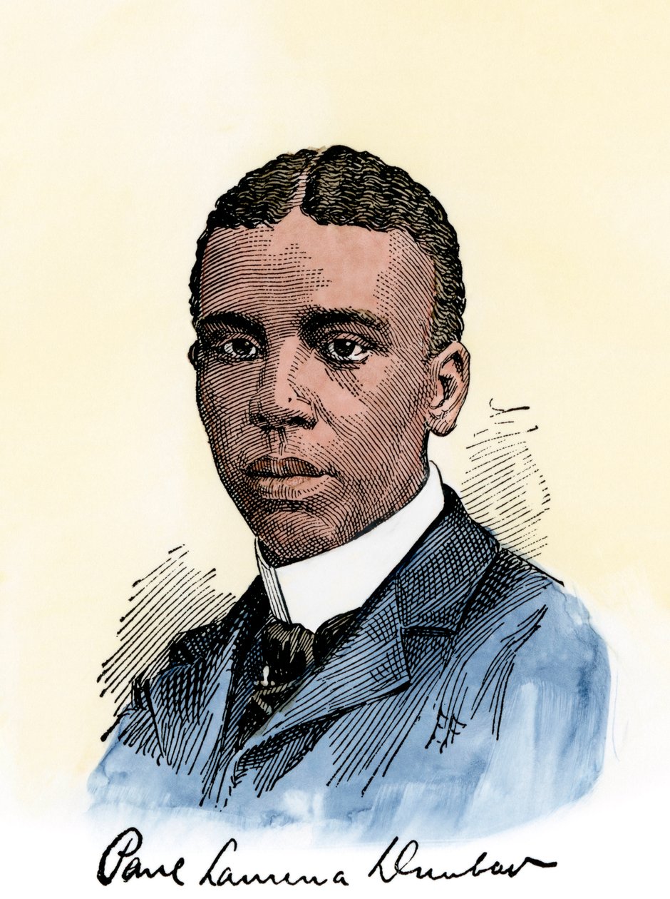 Den amerikanske digter Paul Lawrence Dunbar (1872-1906), med hans autograf. Håndkoloreret træsnit af en illustration fra det 19. århundrede af Unbekannter Künstler
