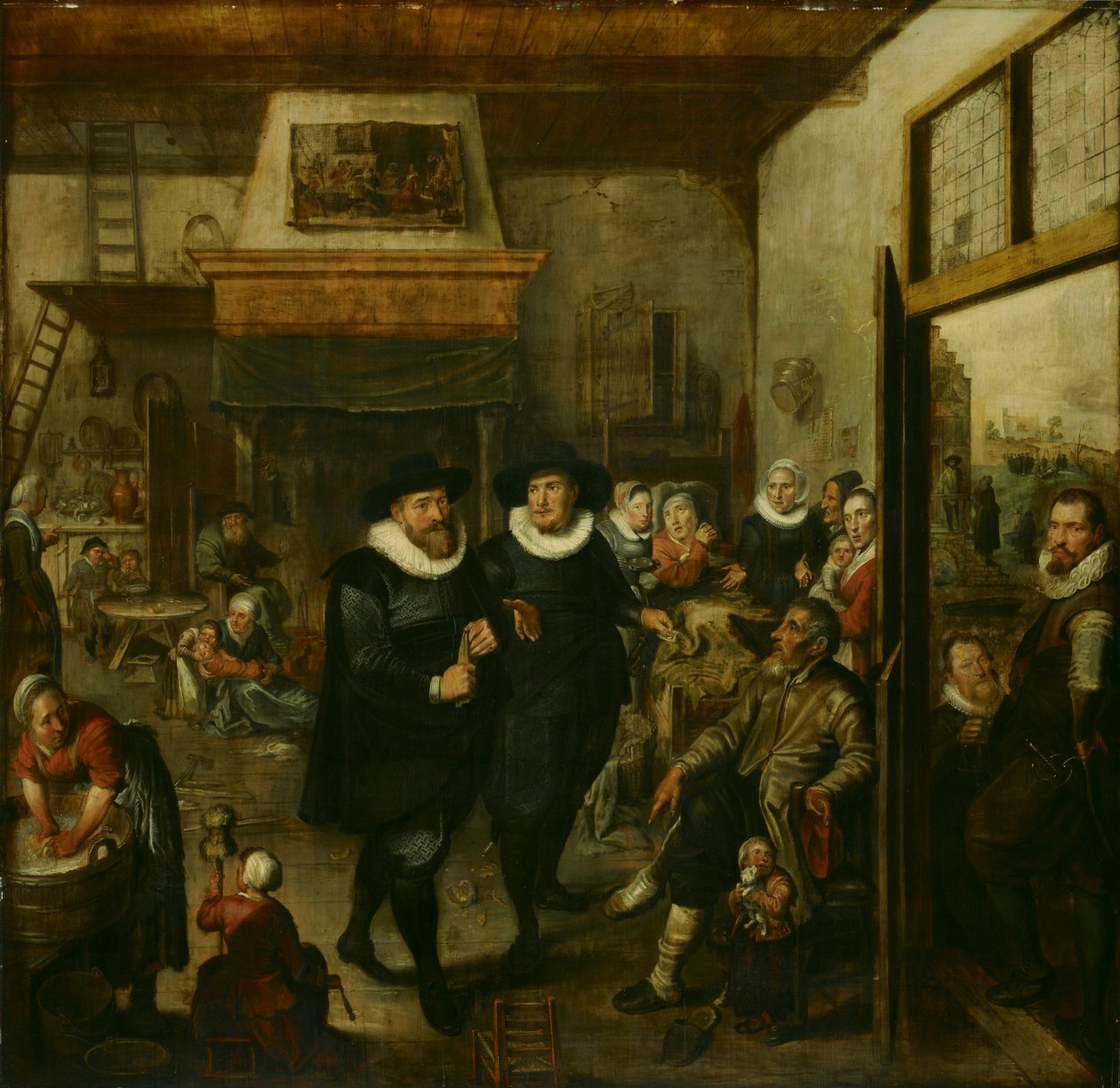En almoner og en politisergent besøger en fattig familie, 1625-1630 af Unbekannt