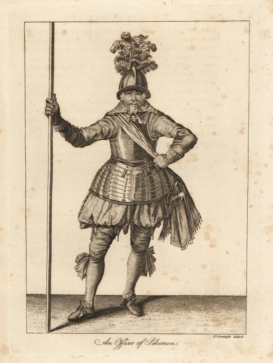 En officer af Pikemen i militæruniform af hjelm, brynjepanser, skærv, ridebukser, slange med sværd og gedde af Unbekannt