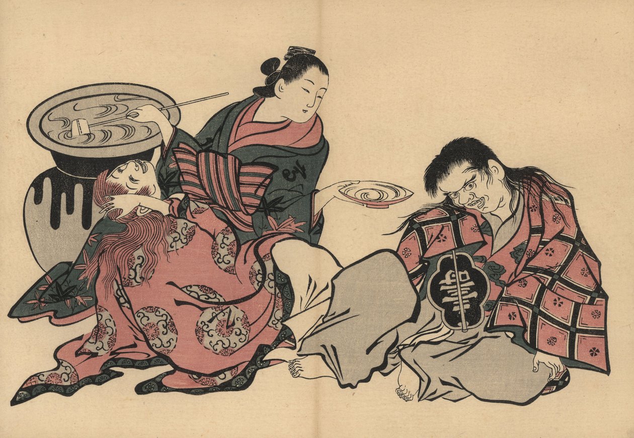 En oiran-kurtisane spiller to shojo med sake fra en stor vase. Træsnit af Masanobu Okumura (1686-1764) fra Fuzoku Emakimono, Picture Scroll of the Water Trade, Tokyo, genoptryk ca. 1880. af Unbekannter Künstler