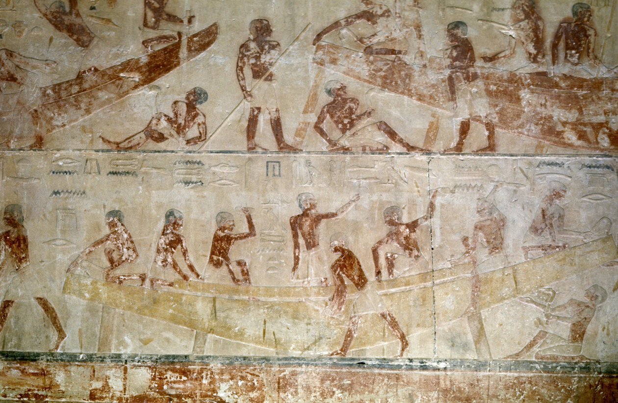 Det gamle Egypten: Saqqarah (eller Saqqara eller Sakkarah): det gamle imperiums nekropolis, adeliges grav. Detalje af relieffer, der repræsenterer konstruktionen af en båd. af Leopold Blonder