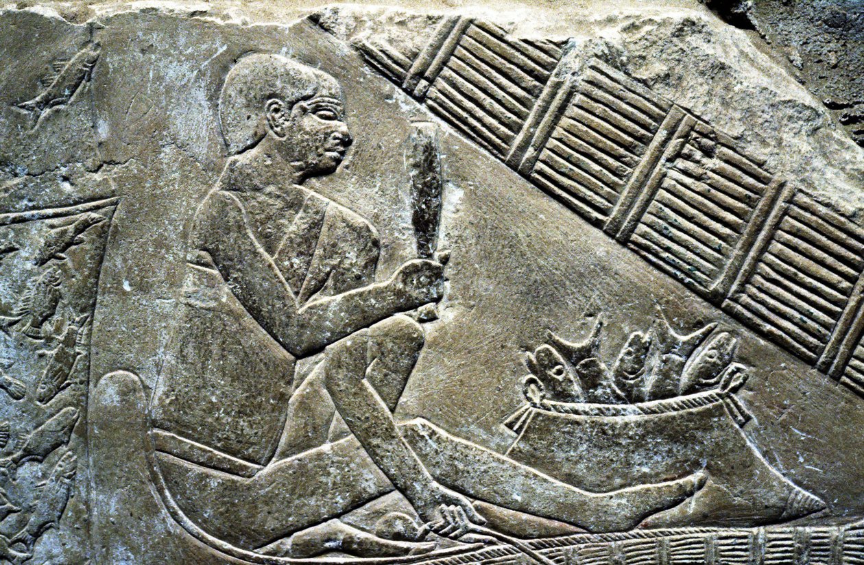 Det gamle Egypten: Saqqarah (eller Saqqara eller Sakkarah): Det gamle imperiums nekropolis, adeliges grav. Detalje af relieffer, der repræsenterer en fisker. af Leopold Blonder