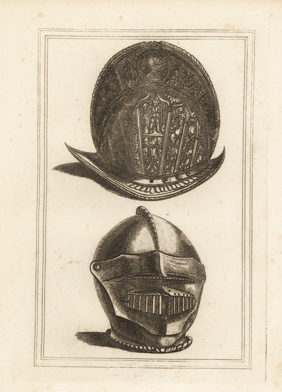 Gammel venetiansk morionhjelm udsmykket med militære trofæer og en burgonet hjelm med samlet visir og bever fra Tower of London af Unbekannt