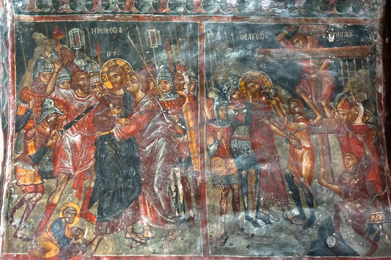 Gamle fresker; vægmalerier; kys af Judas; Jesu korsfæstelse; Panagia og Sotiras kirke; græsk-ortodokse kirke; Roustika; Kreta; Grækenland; Europa af Unbekannt