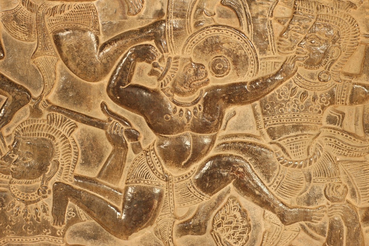 Angkor wat. Detalje af reliefskulptur fra slaget ved Kurukshetra Siem Reap Cambodia af Unbekannt