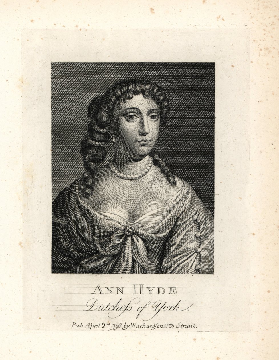 Anne Hyde (1637-1671), hertuginde af York og af Albany, første hustru til kong James II af England. Kobberstik efter et portræt af Sir Peter Lely fra William Richard