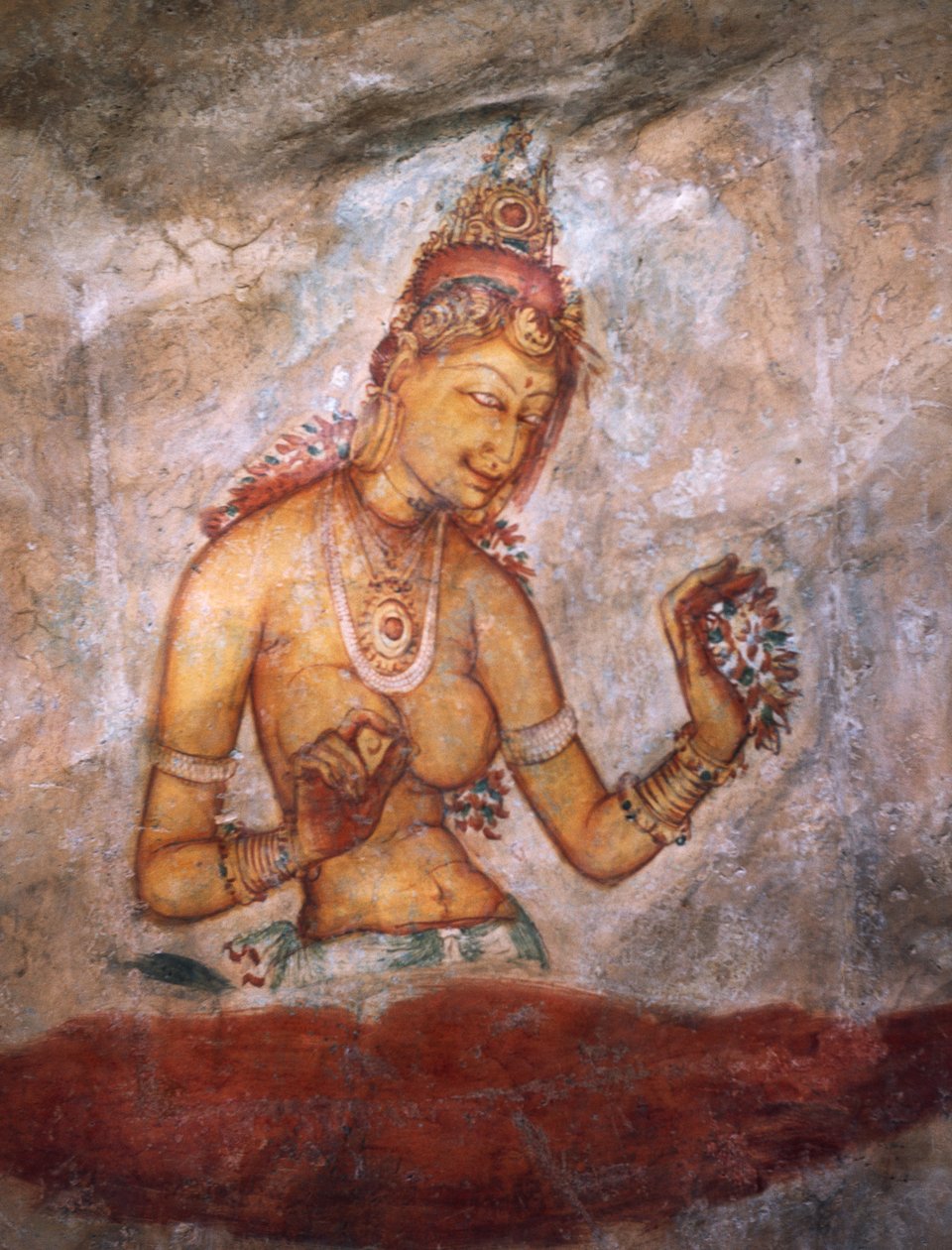 Apsaras, himmelsk nymfe, der byder på blomster, fresco, befæstet citadel i Sigiriya (UNESCOs verdensarvsliste af Alec Hunter