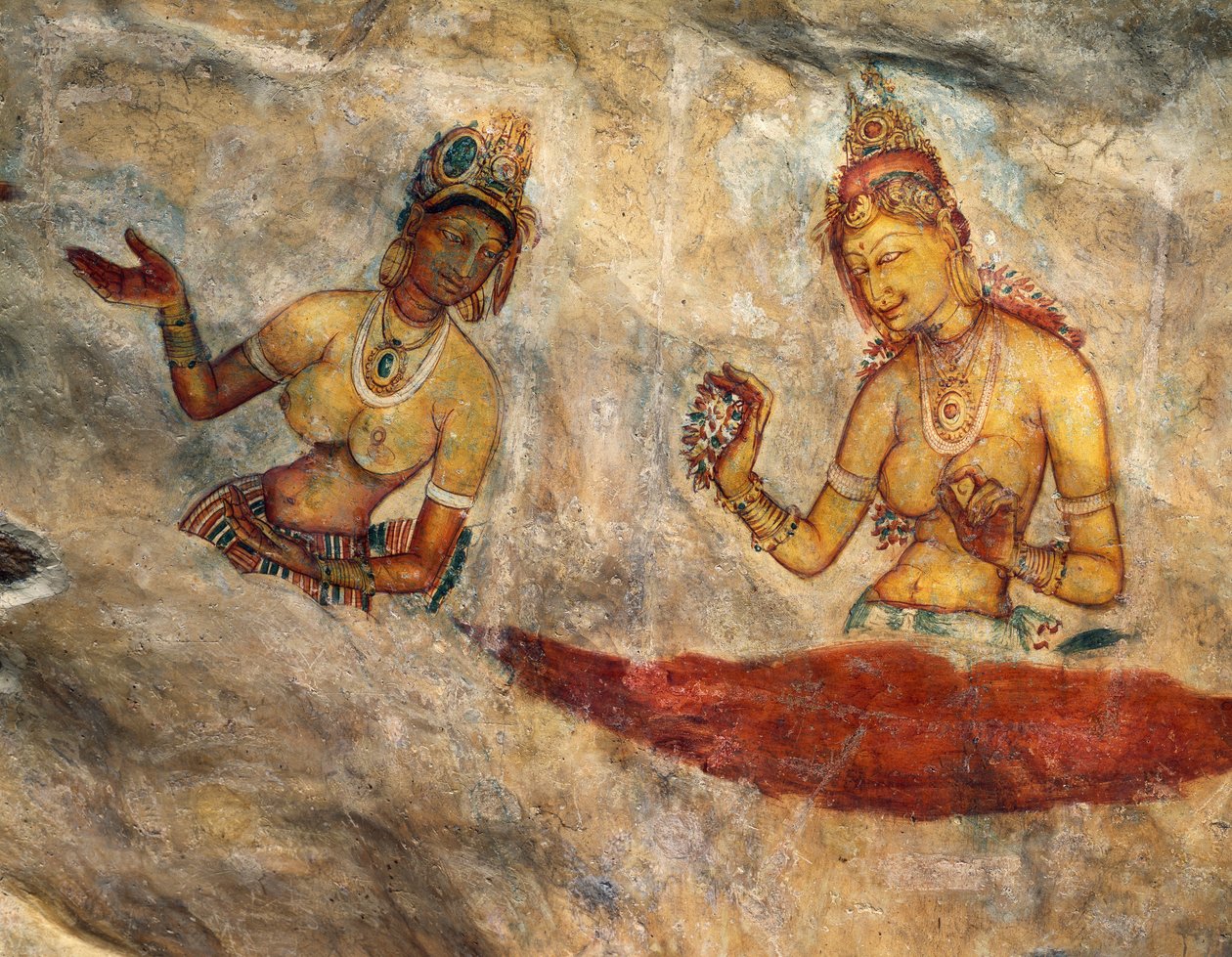 Apsaras, himmelske nymfer, der byder på blomster, fresco, befæstet citadel af Sigiriya (UNESCOs verdensarvsliste af 