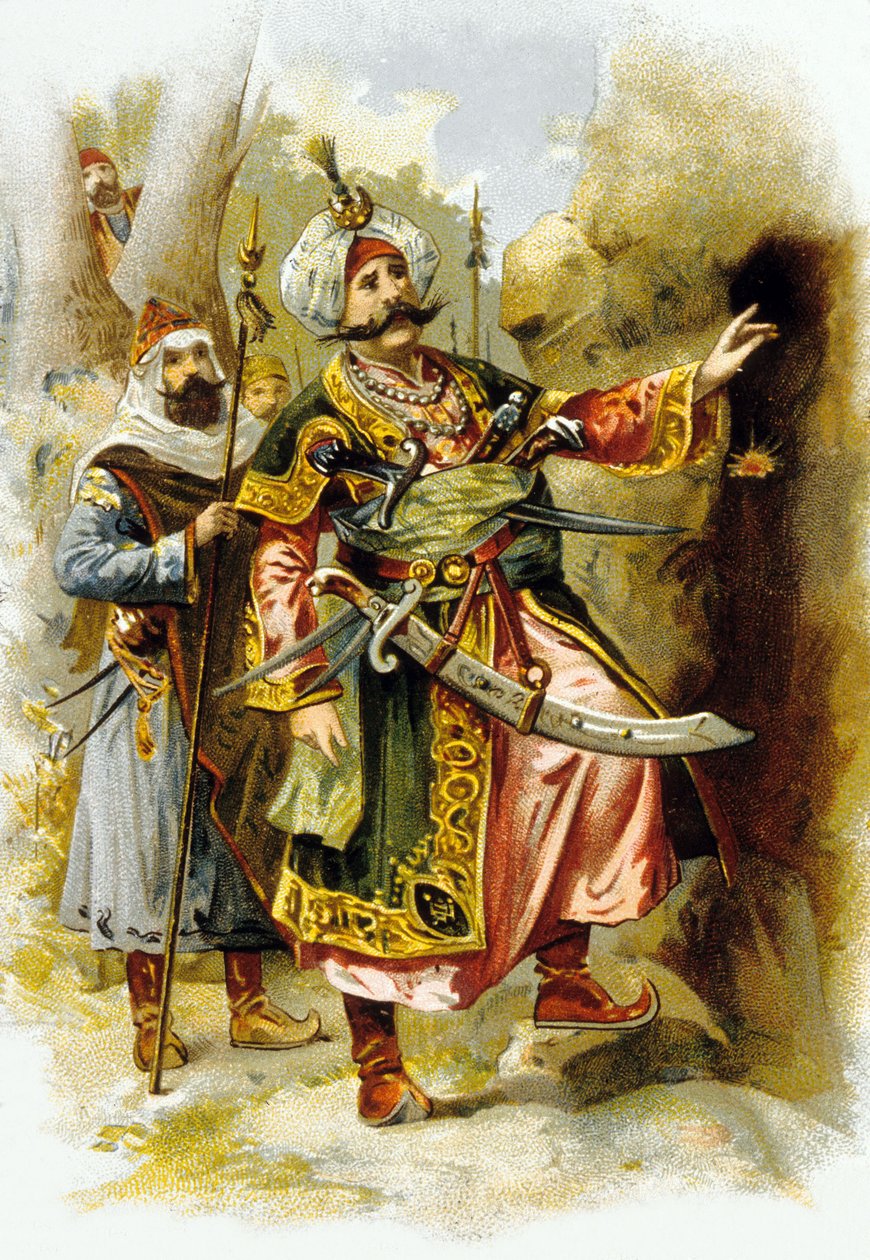Tusind og én nat: Ali Baba og de fyrre tyve: tyvenes leder siger "Sesam, luk dig op", reklame for "Le Bon Marche" ca. 1900 af Unbekannter Künstler