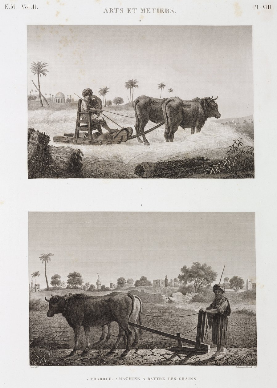 Agerbrug, pløjning Tærskemaskine og plov, Egypten, ca 1798 af Unbekannt