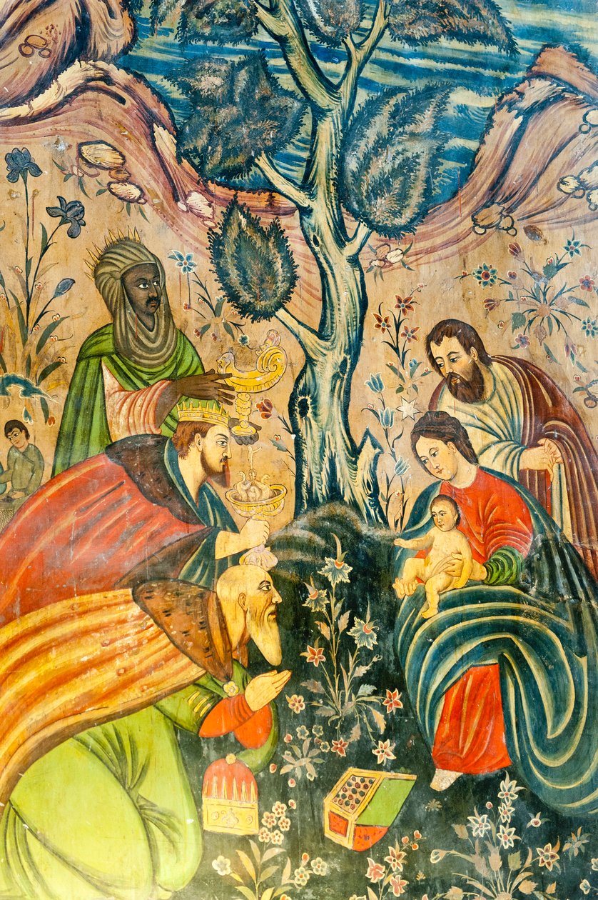 Armensk Apostolsk Kirke; Vægmaleri; Tilbedelse af Magi; Jesus Kristus; Maria og Josef; de tre vise mænd giver gaver; Bethlehem Kirke eller Bedkhem Kirke; Julfa distrikt eller Jolfa; Isfahan; Iran; Asien af Unbekannt