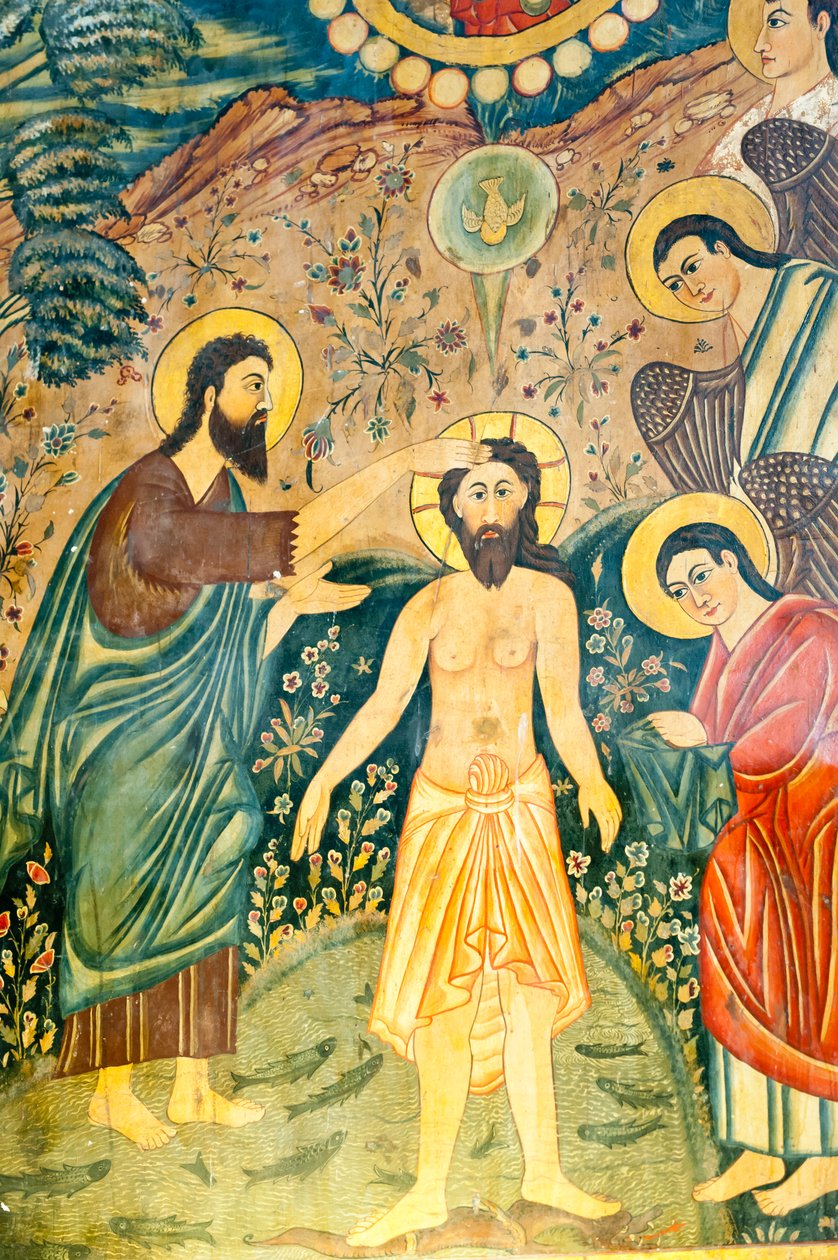 Armensk Apostolsk Kirke; Vægmaleri; Jesu Kristi dåb af Johannes Døberen i Jordan; Bethlehem Kirke eller Bedkhem Kirke; Julfa distrikt eller Jolfa; Isfahan; Iran; Asien af Unbekannt