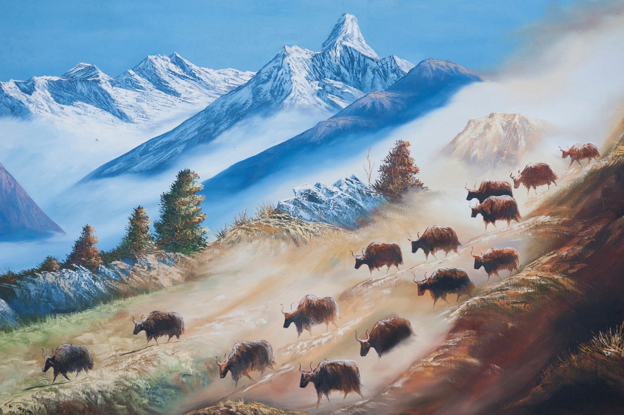 Kunst; maleri af en flok yaks under Ama Dablam-bjerget; livet på landet; galleri i Kathmandu; Nepal; Asien af Unbekannt