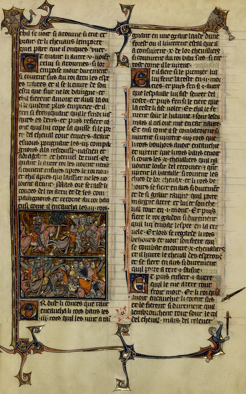 Arthur-legenden (jagten på den hellige gral) : Benoic jager Saxon og slaget ved Danablaise er to illuminationer, der stammer fra manuskriptet History of Merlin fra det 13. århundrede mellem 1280-1290. af Unbekannter Künstler
