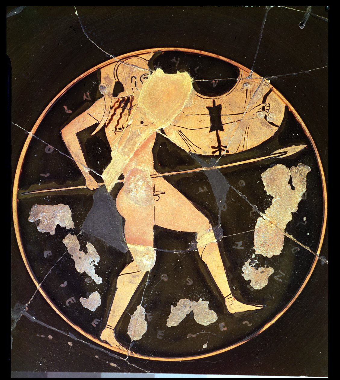 Den athenske røde figur kylix forestiller en græsk kriger, græsk (ca. 500 f.Kr.) af Unbekannt